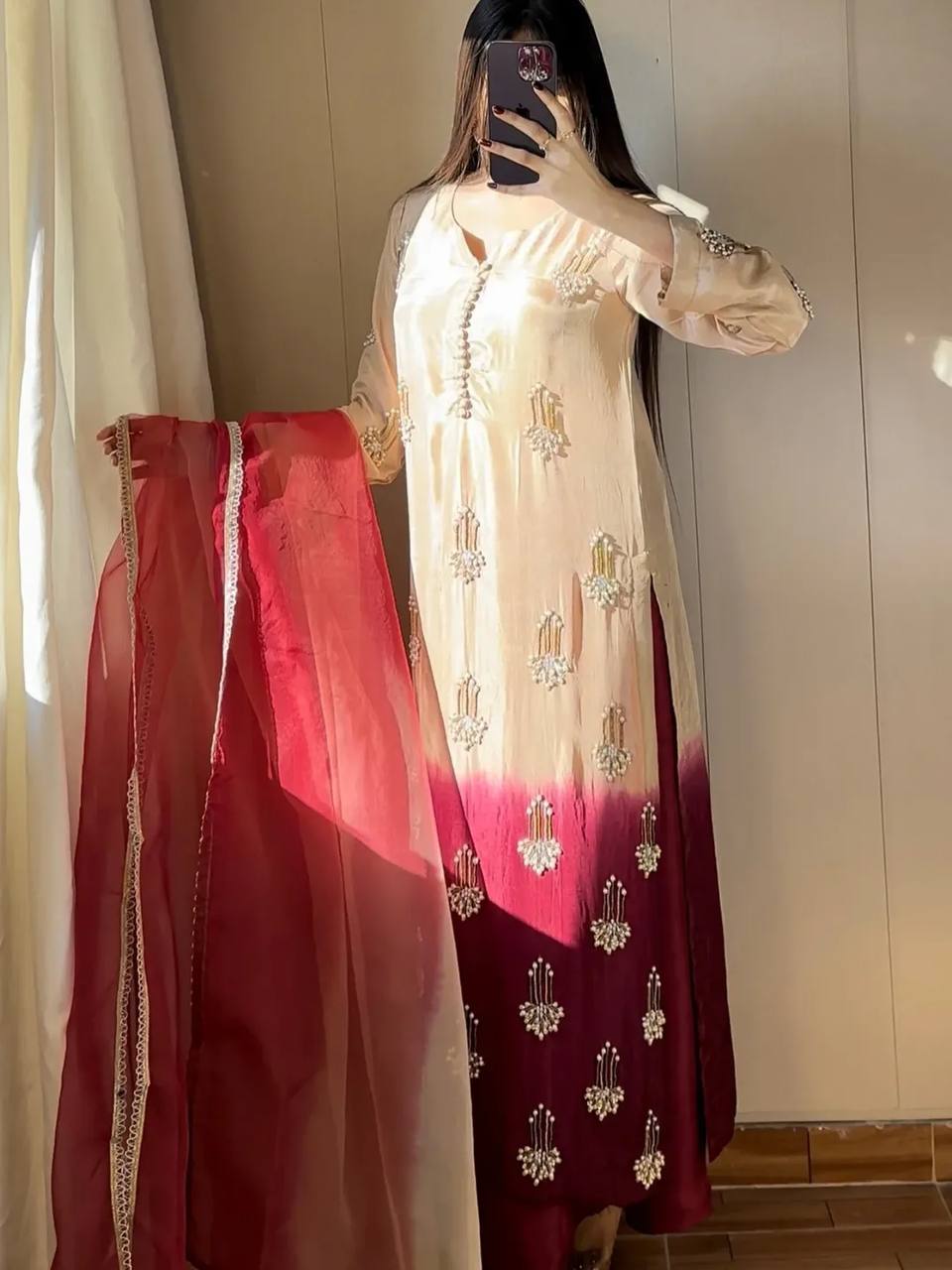 Modern Pearl-Drop Two-Tone Silk Suit